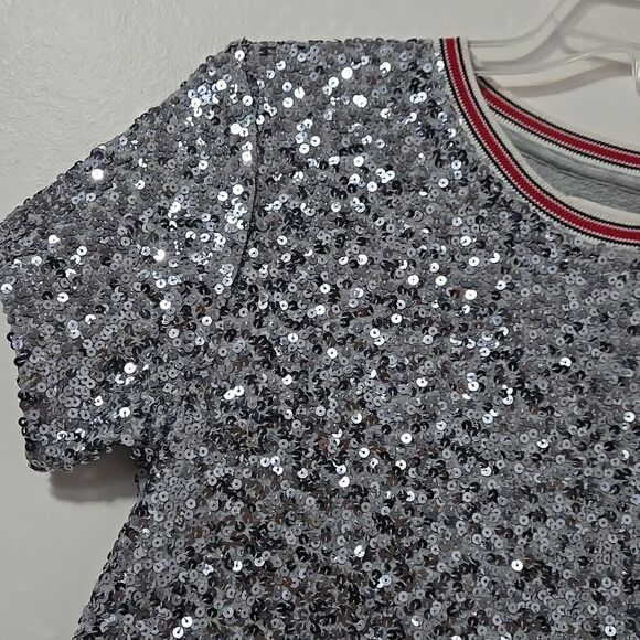 Treasure & Bond Silver Sequin Shirt Short Sleeve Juniors SZ XL 14/16 Holiday - Picture 3 of 7
